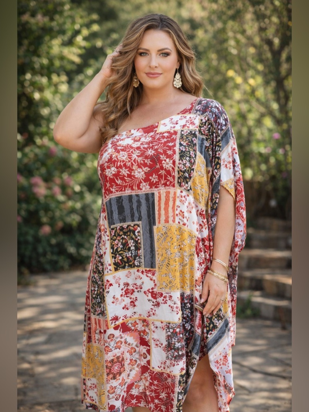 Savanna Jane Patchwork One Shoulder Dress 1X Boho Asymmetrical Festival NWT